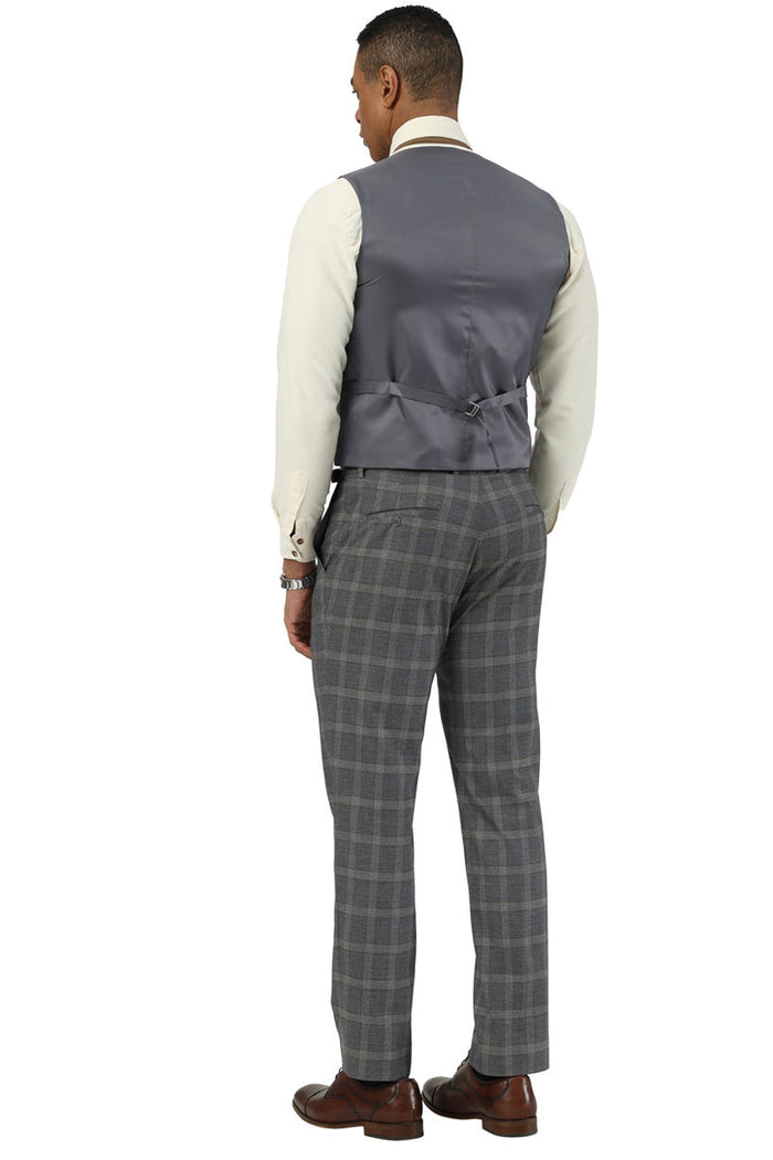 Men's Designer Stacy Adams Vested Glen Plaid Suit in Charcoal & Brown - Image 4