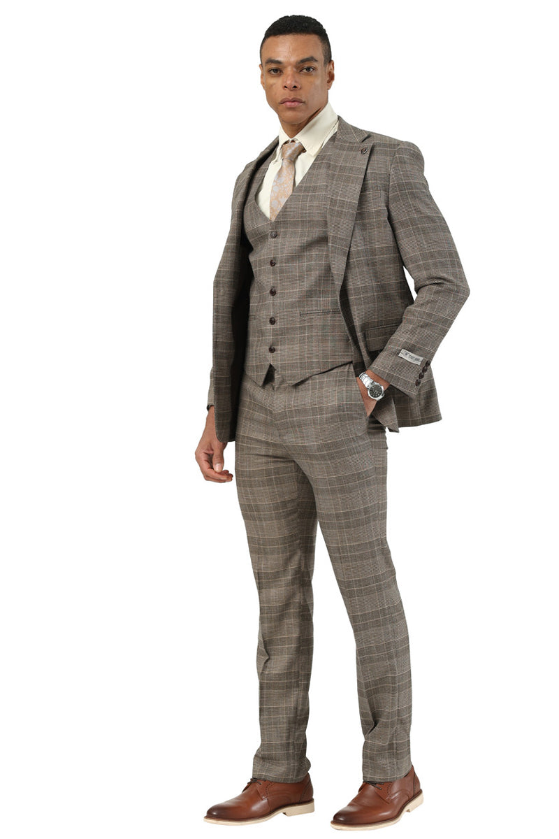 Men's Stacy Adams Two Button Wide Notch Lapel Vested Suit in Brown Glen Plaid - Image 2