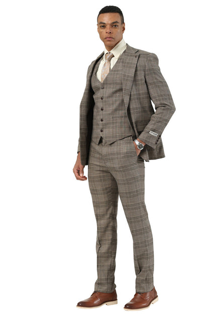 Men's Stacy Adams Two Button Wide Notch Lapel Vested Suit in Brown Glen Plaid - Image 2