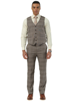 Men's Stacy Adams Two Button Wide Notch Lapel Vested Suit in Brown Glen Plaid