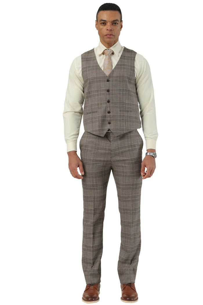 Men's Stacy Adams Two Button Wide Notch Lapel Vested Suit in Brown Glen Plaid - Image 3