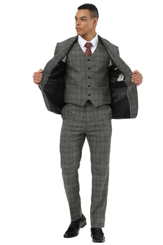 Men's Stacy Adams Two Button Wide Notch Lapel Vested Suit in Black Glen Plaid