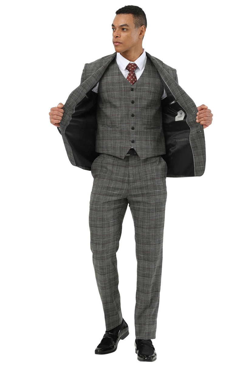 Men's Stacy Adams Two Button Wide Notch Lapel Vested Suit in Black Glen Plaid - Image 2