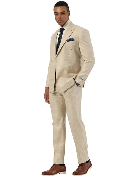 Men's Stacy Adams Double Breasted Summer Suit in Beige Windowpane Plaid - Image 2
