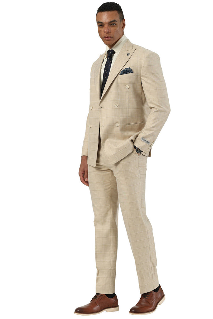 Men's Stacy Adams Double Breasted Summer Suit in Beige Windowpane Plaid - Image 2