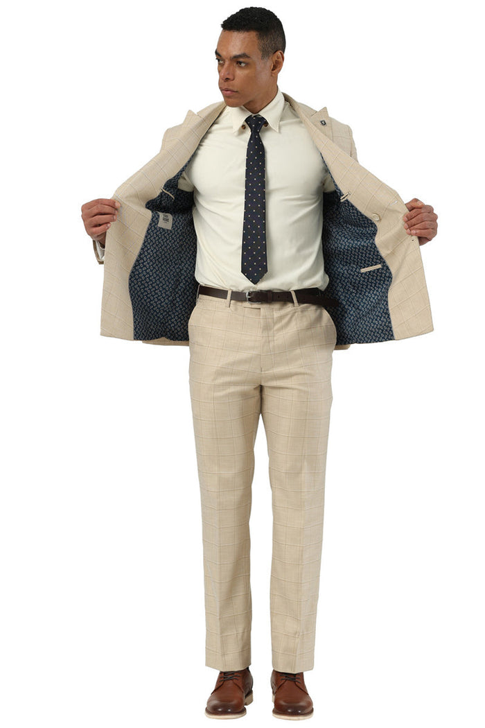 Men's Stacy Adams Double Breasted Summer Suit in Beige Windowpane Plaid - Image 3