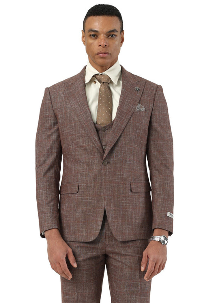 Men's Stacy Adams One Button Peak Lapel Vested Suit in Brown Sharkskin Windowpane