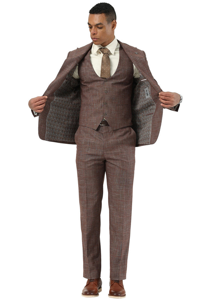 Men's Stacy Adams One Button Peak Lapel Vested Suit in Brown Sharkskin Windowpane - Image 2