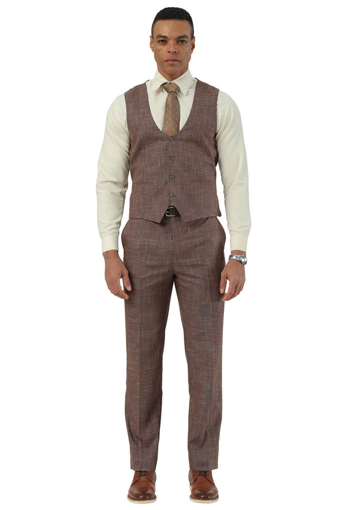 Men's Stacy Adams One Button Peak Lapel Vested Suit in Brown Sharkskin Windowpane - Image 3