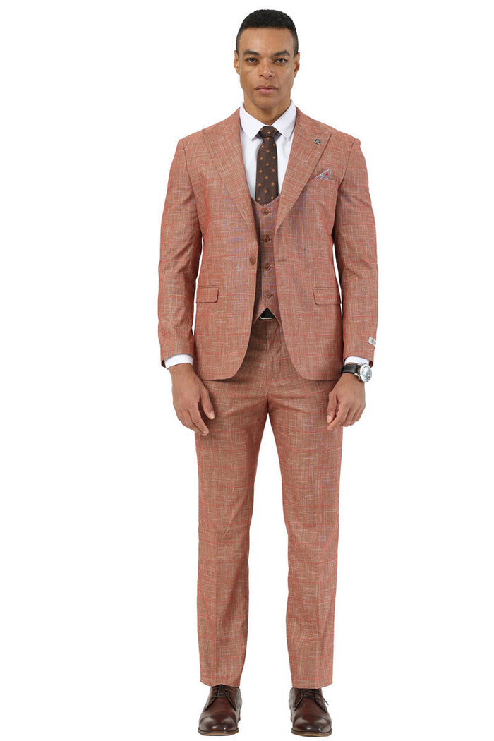 Men's Stacy Adams One Button Peak Lapel Vested Suit in Taupe Sharkskin Windowpane - Image 2