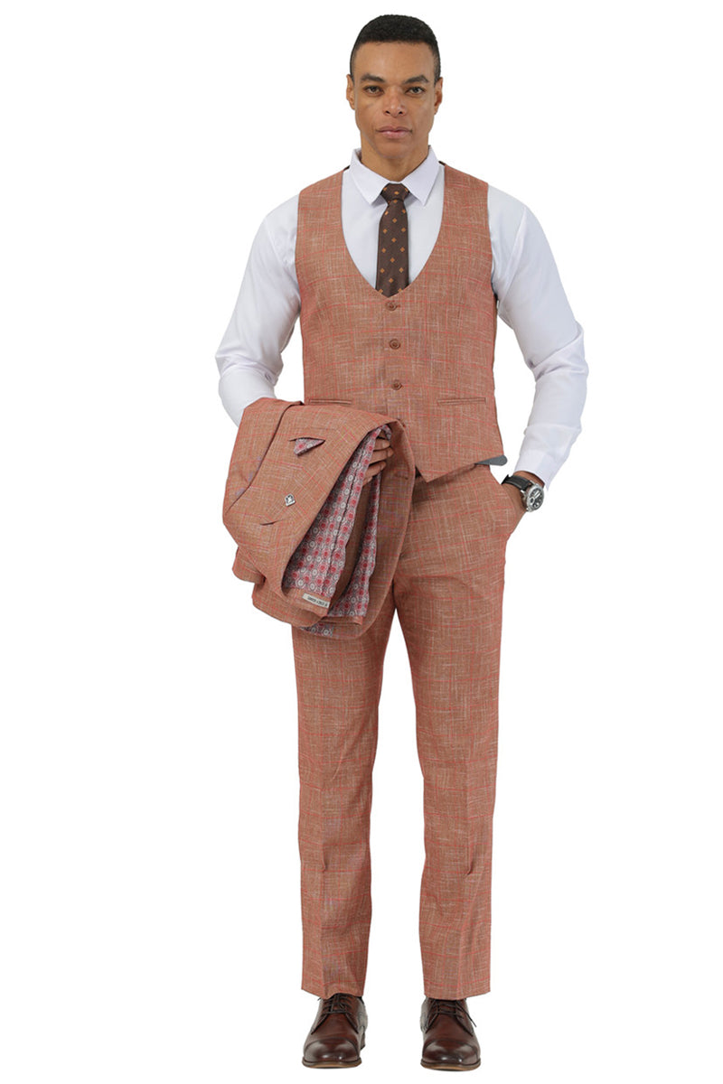 Men's Stacy Adams One Button Peak Lapel Vested Suit in Taupe Sharkskin Windowpane - Image 3