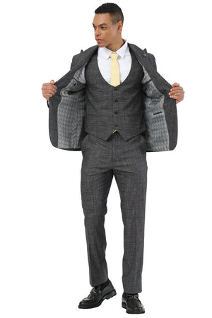 Men's Stacy Adams One Button Peak Lapel Vested Suit in Black Sharkskin Windowpane - Image 2