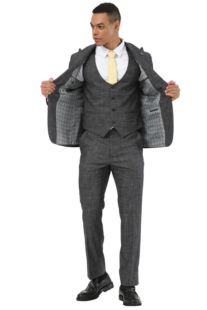 Men's Stacy Adams One Button Peak Lapel Vested Suit in Black Sharkskin Windowpane - Image 2
