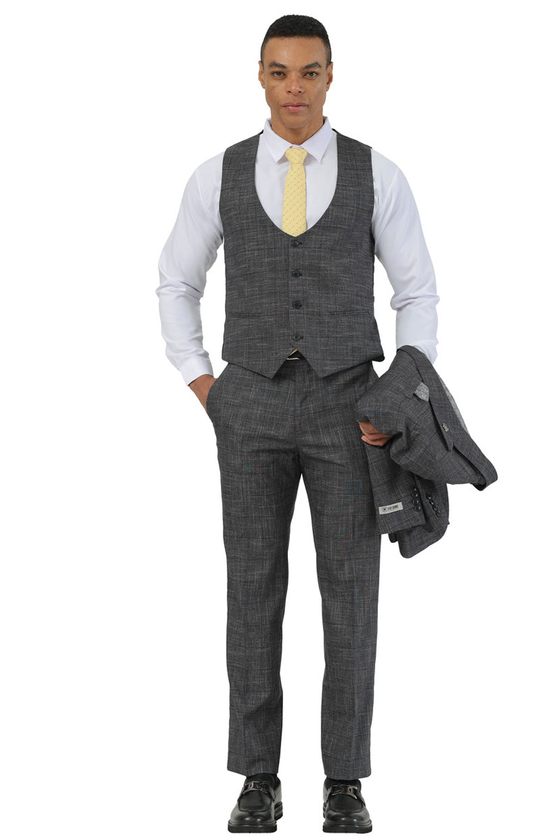 Men's Stacy Adams One Button Peak Lapel Vested Suit in Black Sharkskin Windowpane - Image 3