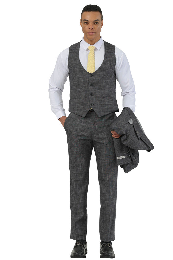 Men's Stacy Adams One Button Peak Lapel Vested Suit in Black Sharkskin Windowpane - Image 3