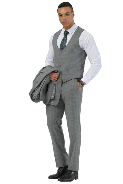 Men's Stacy Adams Two Button Peak Lapel Suit with Scoop Vest in Grey Glen Plaid - Image 2