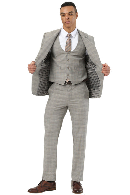 Men's Stacy Adams Two Button Peak Lapel Suit with Scoop Vest in Kahki Glen Plaid - Image 2