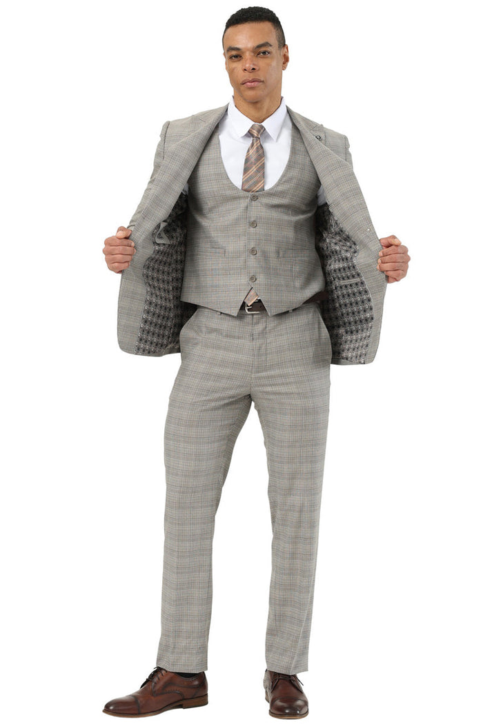 Men's Stacy Adams Two Button Peak Lapel Suit with Scoop Vest in Kahki Glen Plaid - Image 2