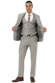 Men's Stacy Adams Two Button Peak Lapel Suit with Scoop Vest in Kahki Glen Plaid