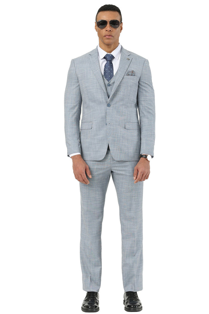 Men's Designer Stacy Adams Vested Suit in Light Grey Sharkskin Weave - Image 2