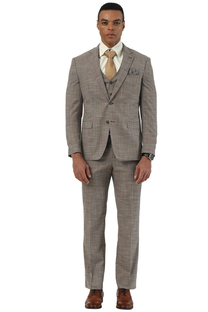 Men's Designer Stacy Adams Vested Suit in Light Brown Sharkskin Weave - Image 2