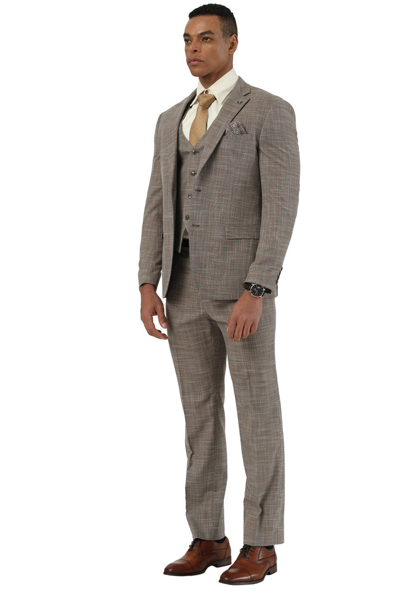 Men's Designer Stacy Adams Vested Suit in Light Brown Sharkskin Weave - Image 3