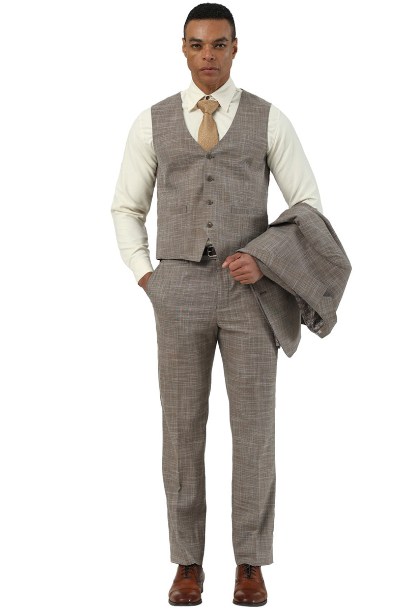 Men's Designer Stacy Adams Vested Suit in Light Brown Sharkskin Weave - Image 4