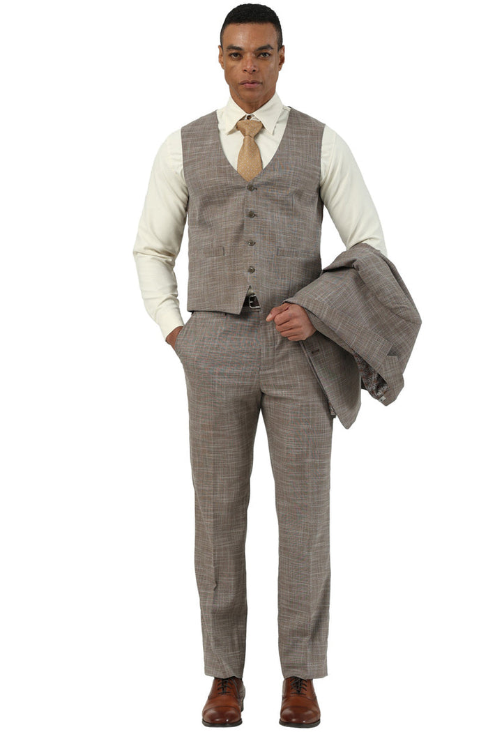 Men's Designer Stacy Adams Vested Suit in Light Brown Sharkskin Weave - Image 4
