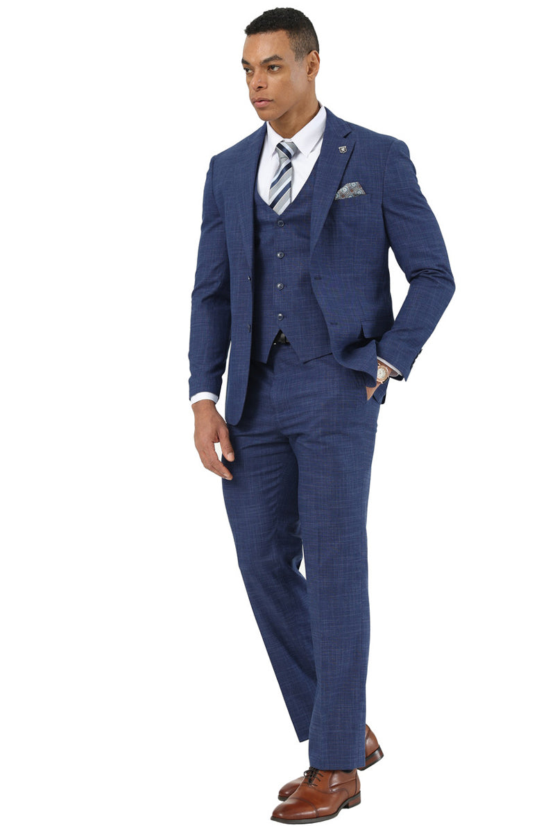 Men's Designer Stacy Adams Vested Suit in Indigo Blue Sharkskin Weave - Image 2