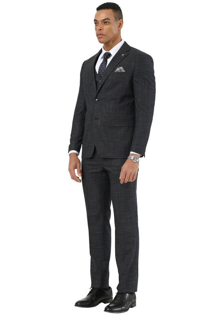 Men's Designer Stacy Adams Vested Suit in Black Sharkskin Weave - Image 2