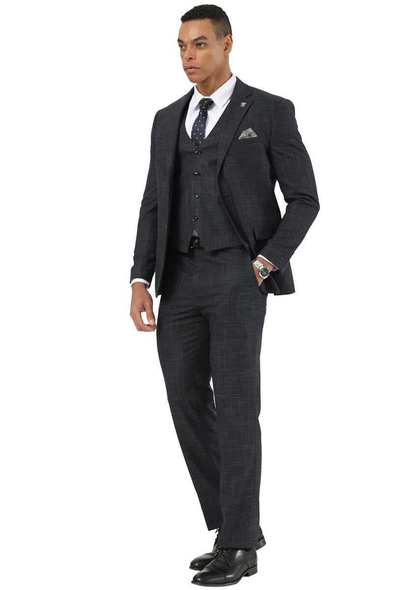 Men's Designer Stacy Adams Vested Suit in Black Sharkskin Weave - Image 3