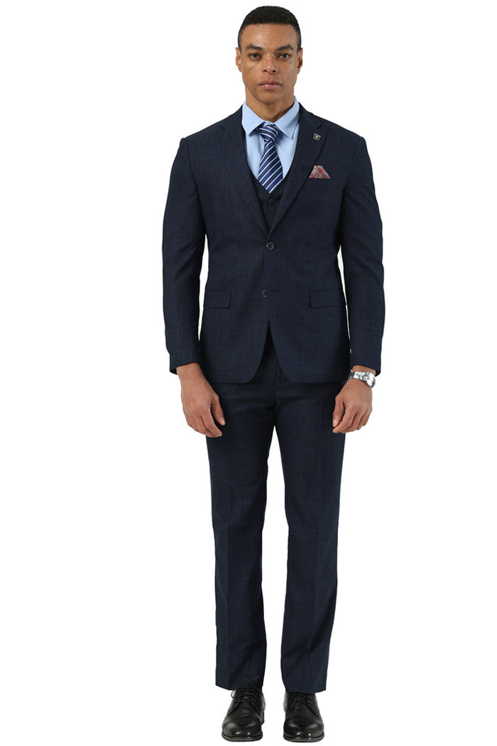 Men's Designer Stacy Adams Vested Suit in Navy Blue Sharkskin Weave - Image 2