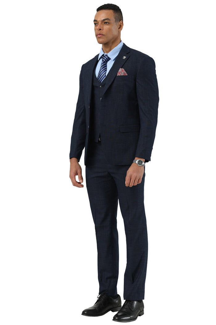 Men's Designer Stacy Adams Vested Suit in Navy Blue Sharkskin Weave - Image 3
