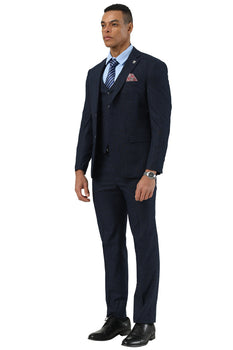 Men's Designer Stacy Adams Vested Suit in Navy Blue Sharkskin Weave - Image 3