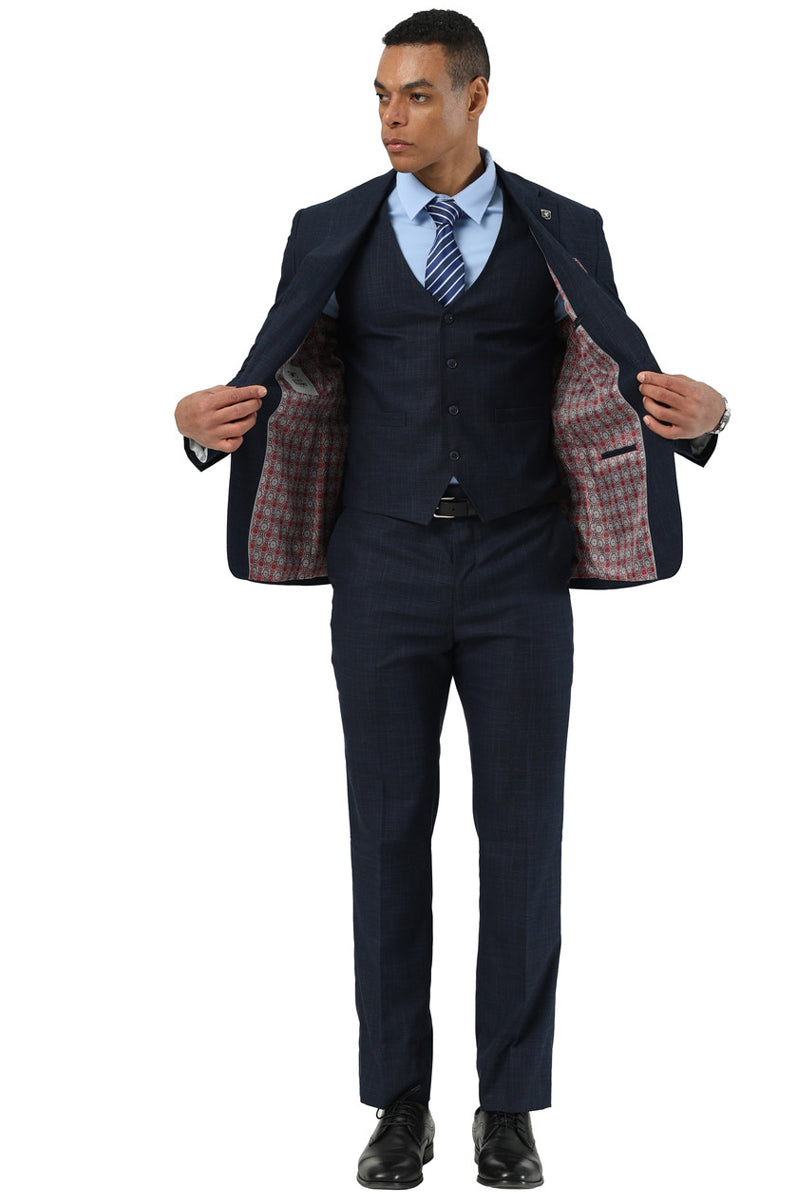 Men's Designer Stacy Adams Vested Suit in Navy Blue Sharkskin Weave - Image 4