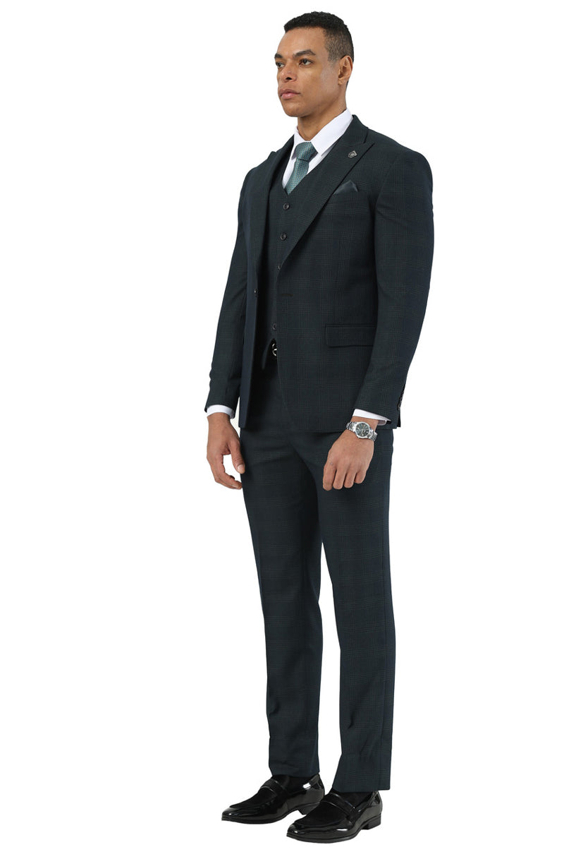 Men's Stacy Adams One Button Peak Lapel Vested Suit in Dark Hunter Green Plaid - Image 2