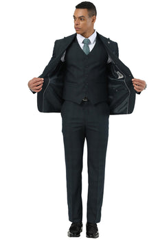 Men's Stacy Adams One Button Peak Lapel Vested Suit in Dark Hunter Green Plaid