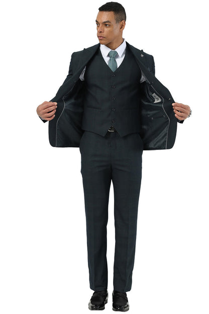 Men's Stacy Adams One Button Peak Lapel Vested Suit in Dark Hunter Green Plaid - Image 3
