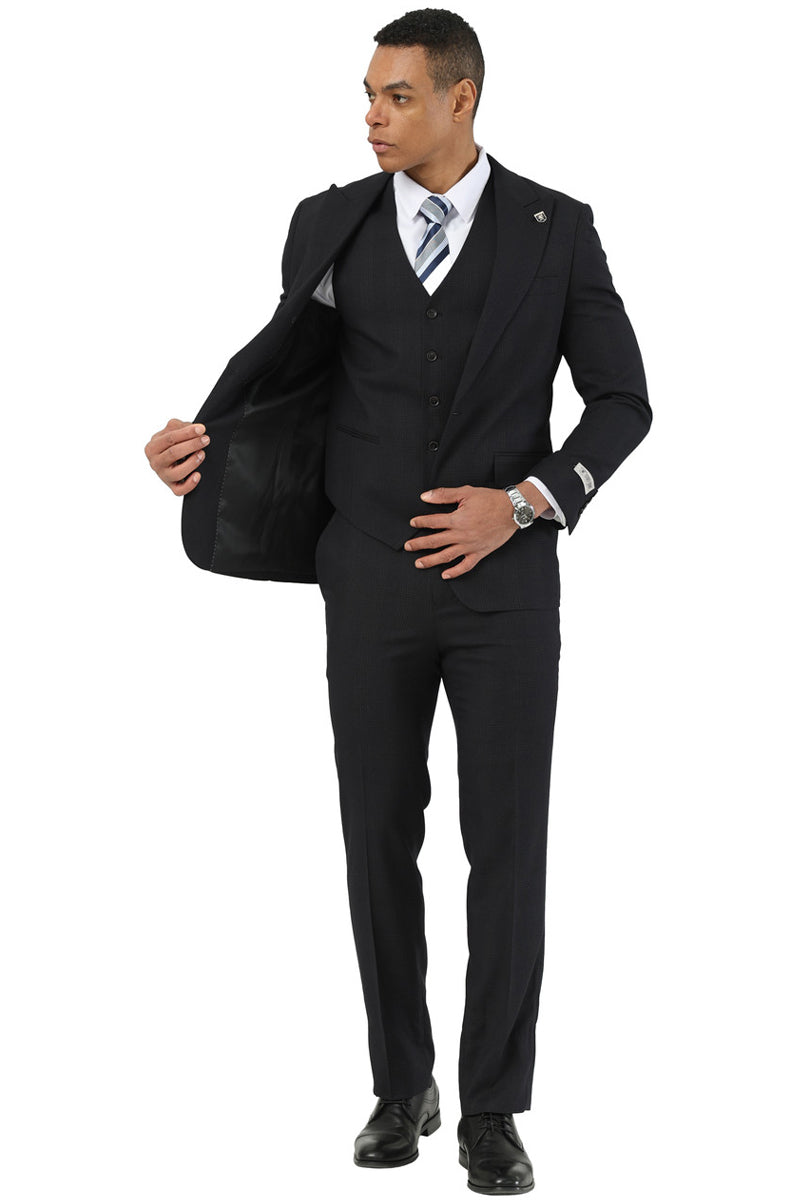 Men's Stacy Adams One Button Peak Lapel Vested Suit in Black Plaid - Image 2