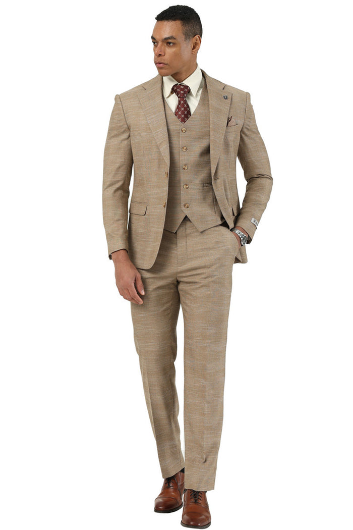 Men's Stacy Adams Vested Sharkskin Pattern Business Suit in Tan - Image 2