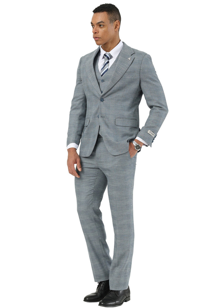 Men's Stacy Adams Vested Sharkskin Pattern Business Suit in Light Grey - Image 2