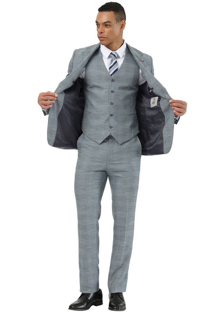 Men's Stacy Adams Vested Sharkskin Pattern Business Suit in Light Grey - Image 3