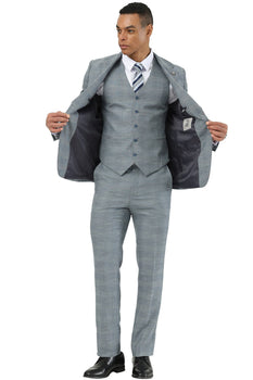 Men's Stacy Adams Vested Sharkskin Pattern Business Suit in Light Grey - Image 3