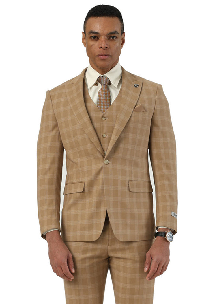 Men's Stacy Adams One Button Vested Peak Lapel Suit in Taupe Plaid
