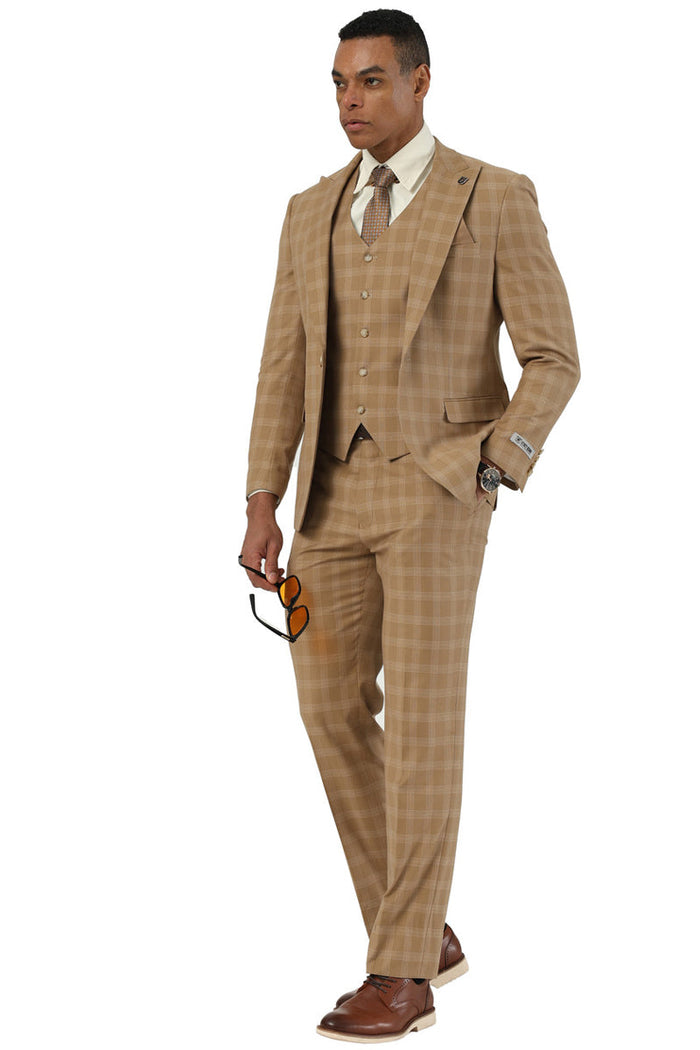 Men's Stacy Adams One Button Vested Peak Lapel Suit in Taupe Plaid - Image 2