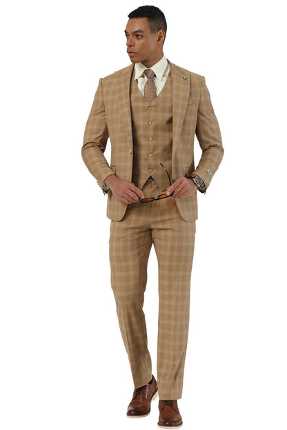 Men's Stacy Adams One Button Vested Peak Lapel Suit in Taupe Plaid - Image 3