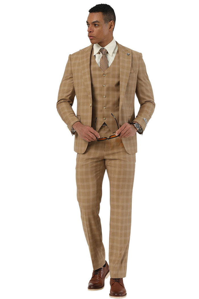 Men's Stacy Adams One Button Vested Peak Lapel Suit in Taupe Plaid - Image 3