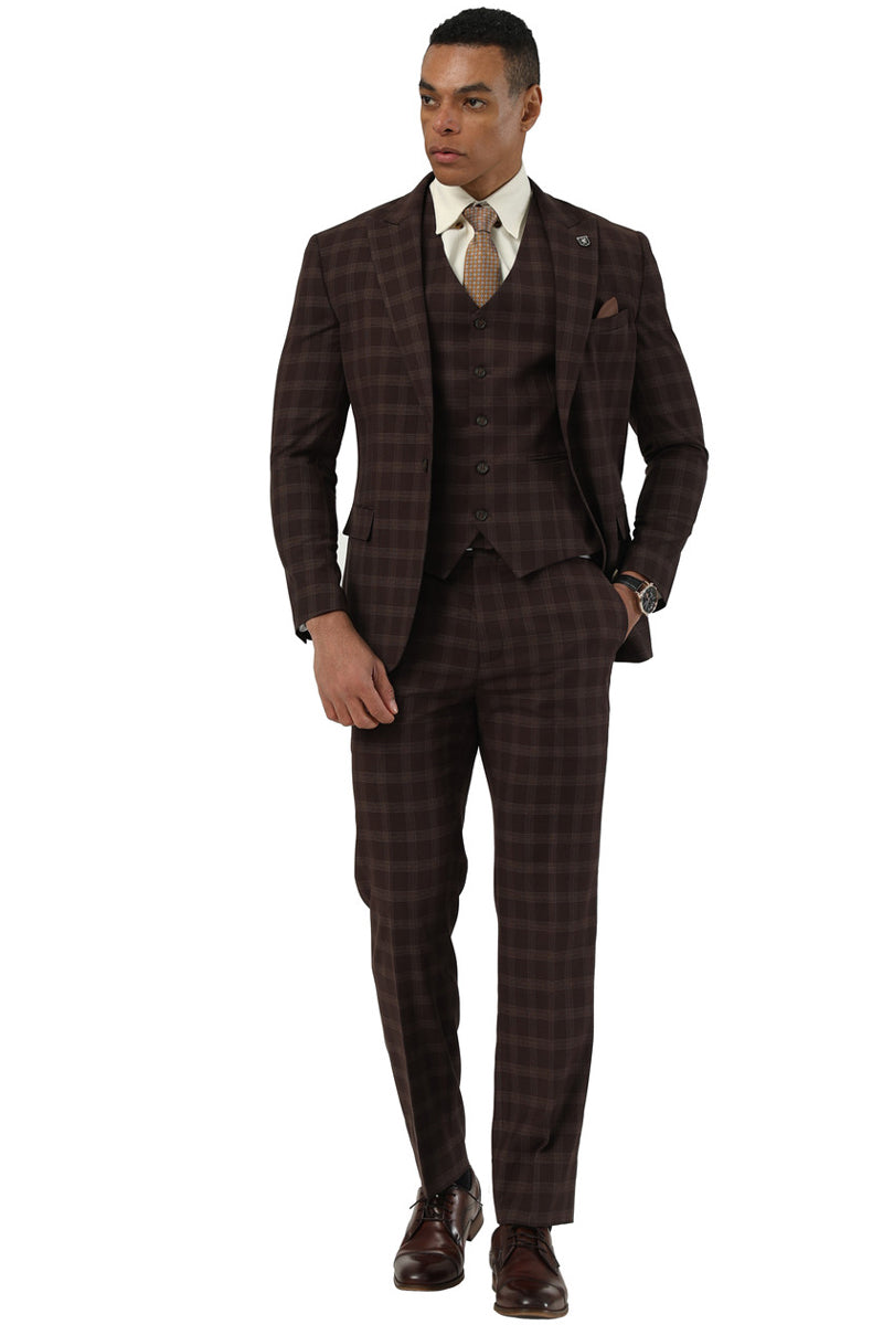 Men's Stacy Adams One Button Vested Peak Lapel Suit in Brown Plaid - Image 2