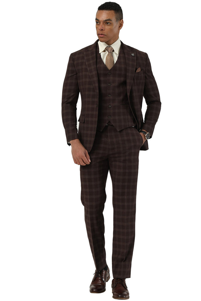 Men's Stacy Adams One Button Vested Peak Lapel Suit in Brown Plaid - Image 2
