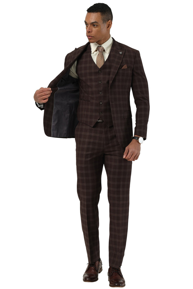Men's Stacy Adams One Button Vested Peak Lapel Suit in Brown Plaid - Image 3